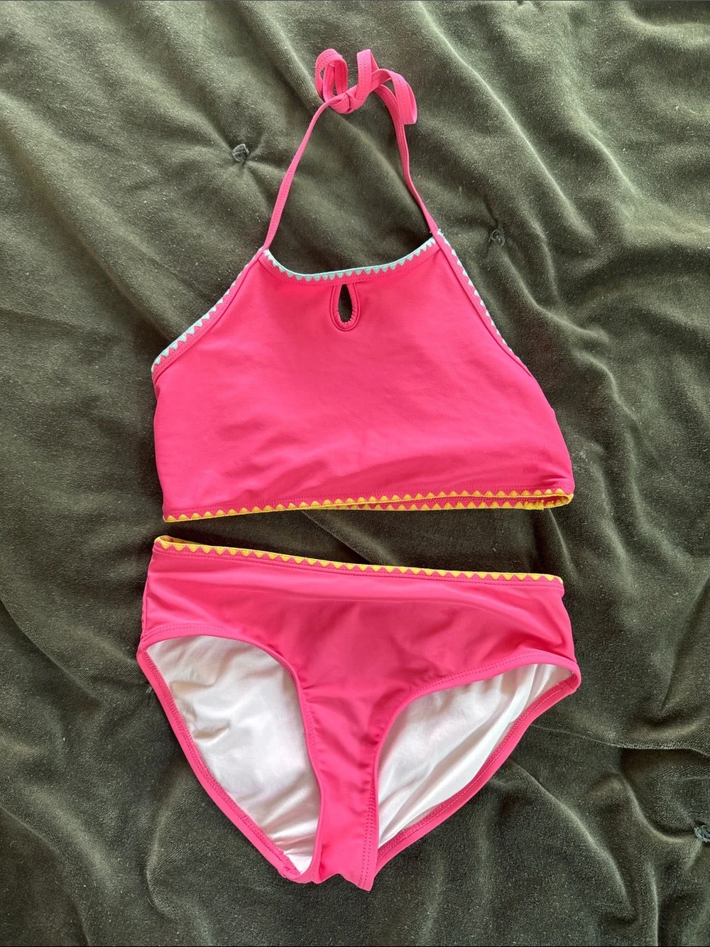 art class Hot Pink Girls Two-Piece Halter Bikini with Yellow Trim